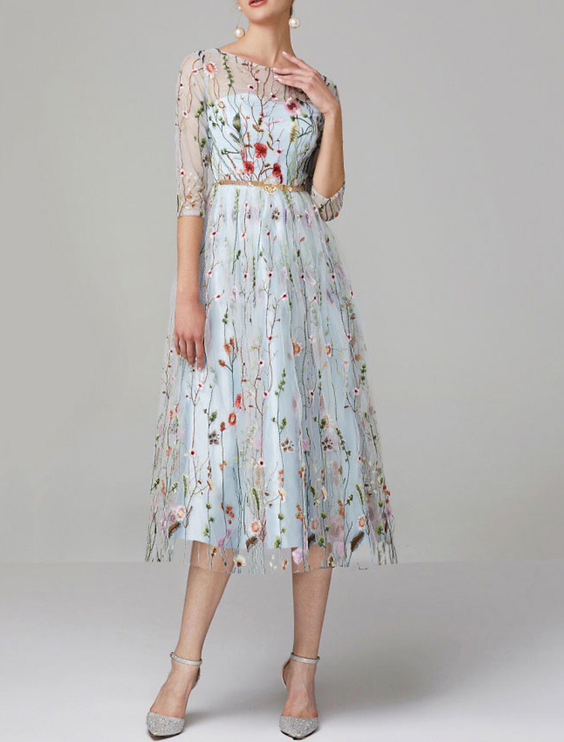 A-Line Prom Dresses Floral Dress Wedding Guest Engagement Tea Length Half Sleeve Jewel Neck Lace with Embroidery Appliques 2025